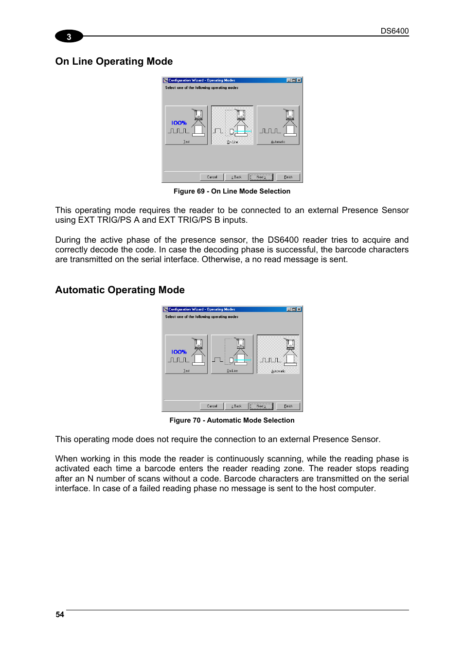 On line operating mode, Automatic operating mode | Datalogic Scanning DS6400 User Manual | Page 70 / 122