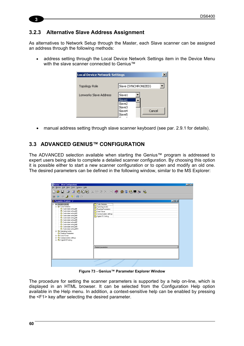 Alternative slave address assignment, Advanced genius™ configuration | Datalogic Scanning DS6400 User Manual | Page 76 / 122