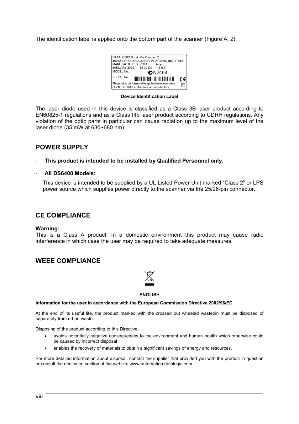 Power supply, Ce compliance, Weee compliance | Datalogic Scanning DS6400 User Manual | Page 8 / 122