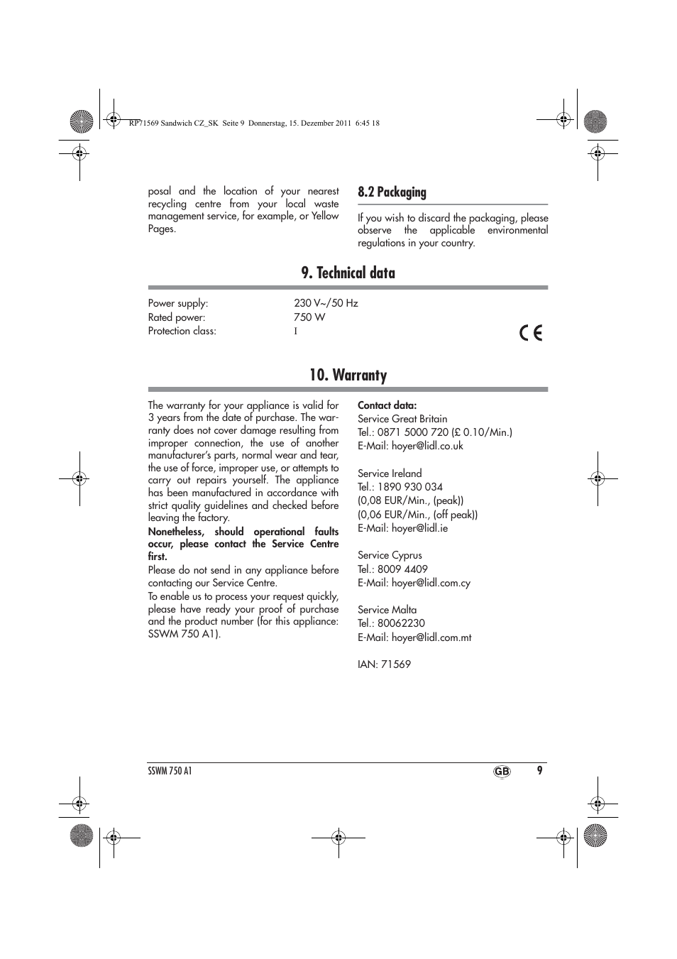Technical data, Warranty, 2 packaging | Silvercrest SSWMD 750 A1 User Manual | Page 11 / 38
