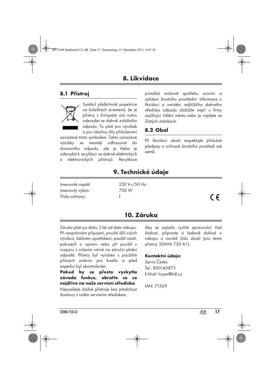Likvidace, Technické údaje, Záruka | Silvercrest SSWMD 750 A1 User Manual | Page 19 / 38