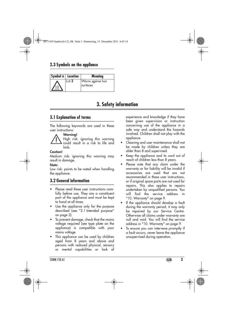 Safety information, 3 symbols on the appliance, 1 explanation of terms | 2 general information | Silvercrest SSWMD 750 A1 User Manual | Page 5 / 38