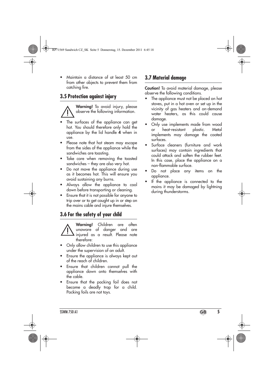 5 protection against injury, 6 for the safety of your child, 7 material damage | Silvercrest SSWMD 750 A1 User Manual | Page 7 / 38