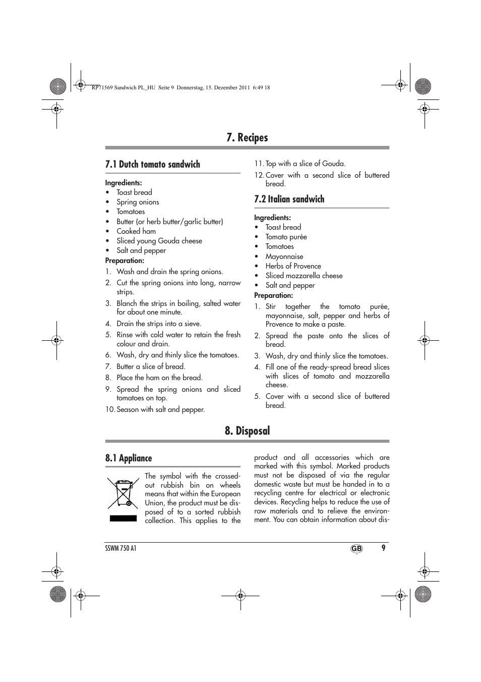 Recipes, Disposal, 1 dutch tomato sandwich | 2 italian sandwich, 1 appliance | Silvercrest SSWMD 750 A1 User Manual | Page 11 / 42