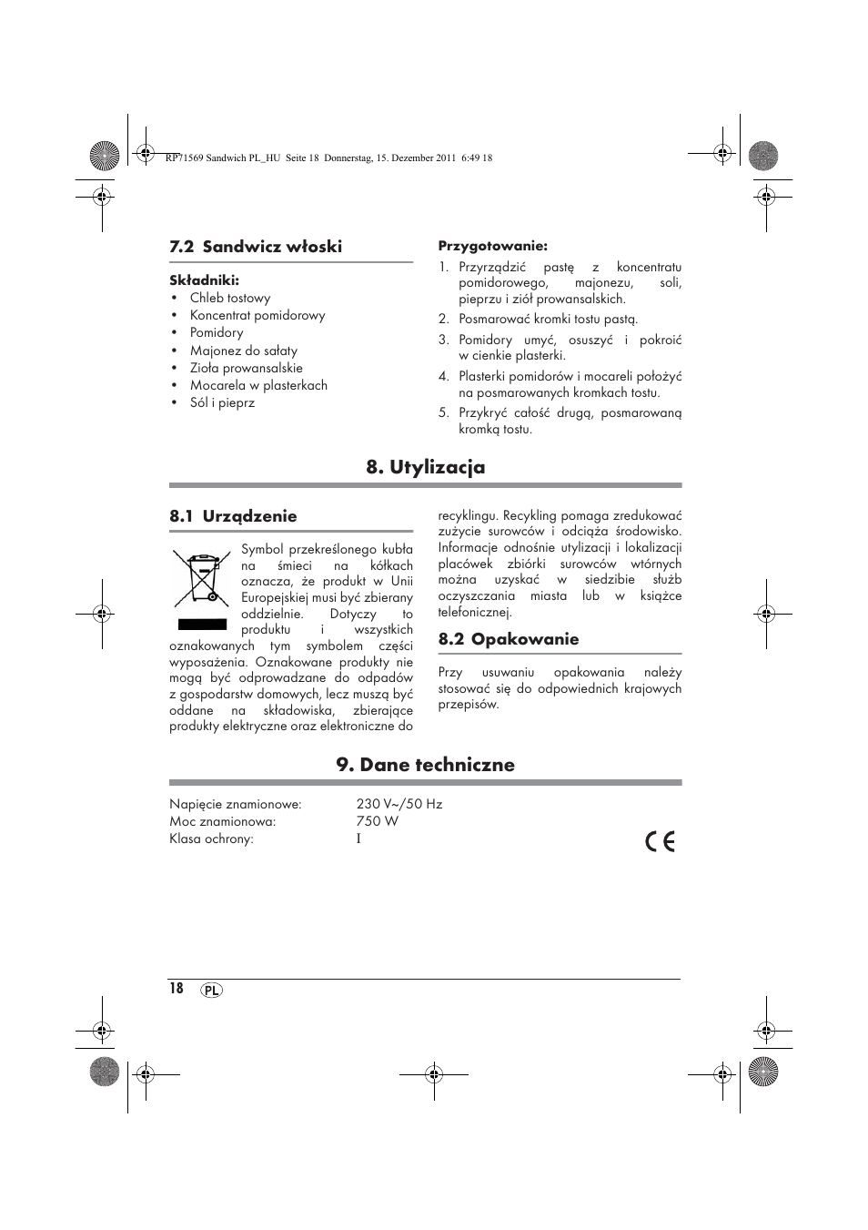 Utylizacja, Dane techniczne | Silvercrest SSWMD 750 A1 User Manual | Page 20 / 42