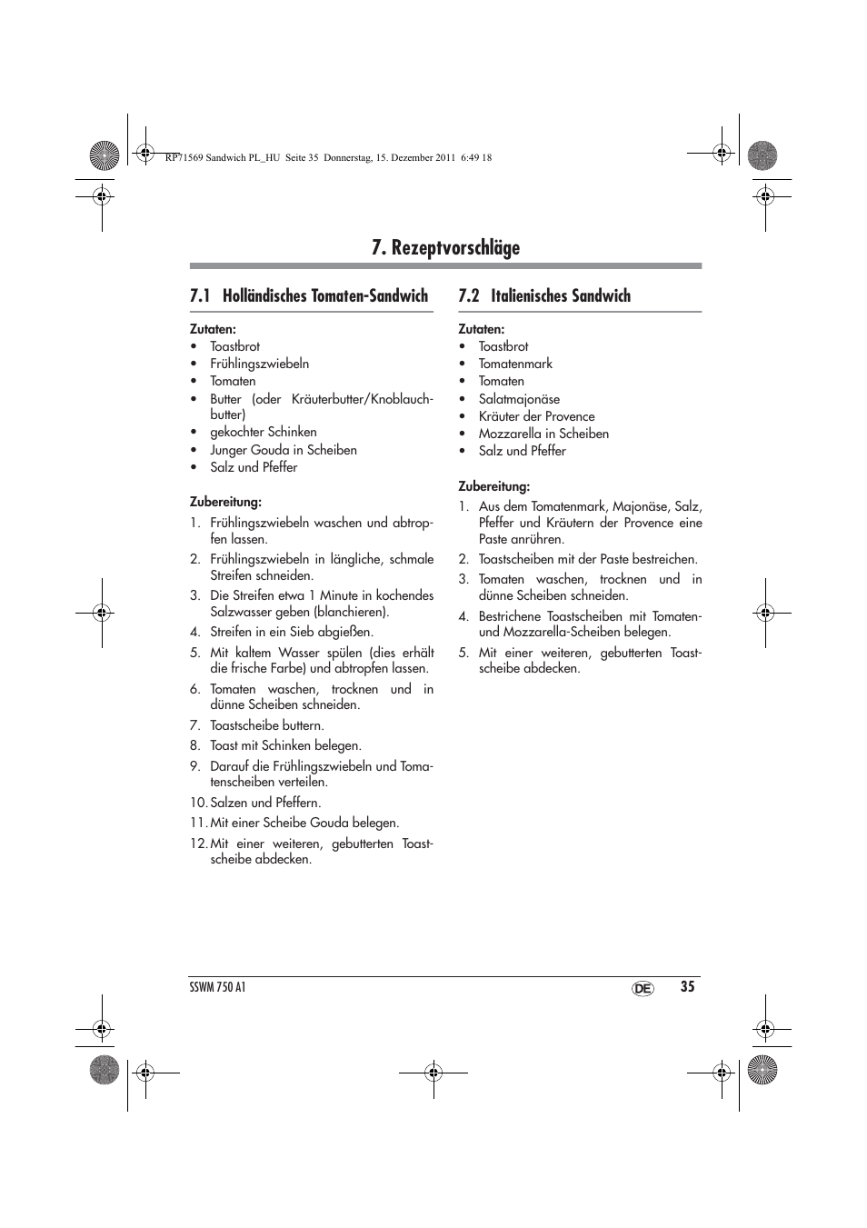 Rezeptvorschläge, 1 holländisches tomaten-sandwich, 2 italienisches sandwich | Silvercrest SSWMD 750 A1 User Manual | Page 37 / 42