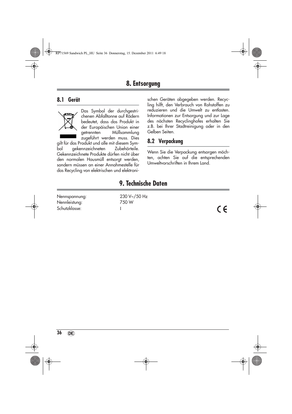 Entsorgung, Technische daten | Silvercrest SSWMD 750 A1 User Manual | Page 38 / 42