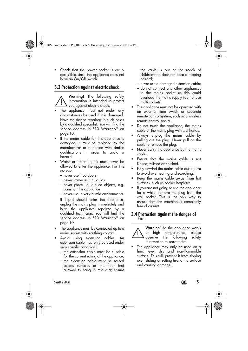 3 protection against electric shock, 4 protection against the danger of ﬁre | Silvercrest SSWMD 750 A1 User Manual | Page 7 / 42