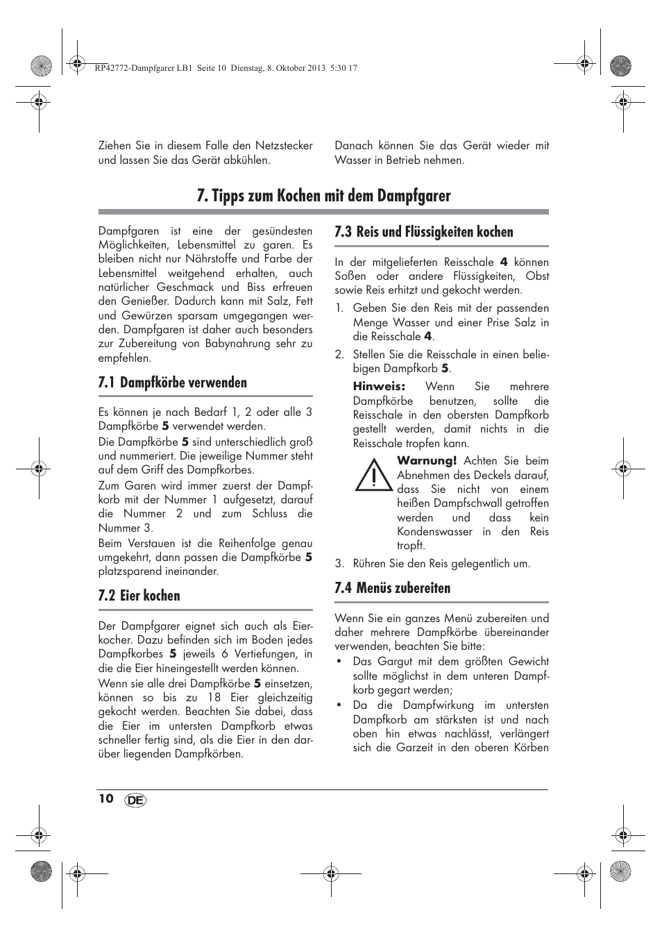 Tipps zum kochen mit dem dampfgarer, 1 dampfkörbe verwenden, 2 eier kochen | 3 reis und flüssigkeiten kochen, 4 menüs zubereiten | Silvercrest SDG 800 B2 User Manual | Page 12 / 98