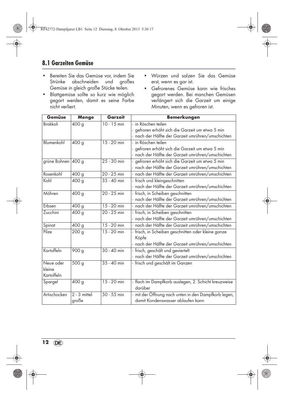 1 garzeiten gemüse | Silvercrest SDG 800 B2 User Manual | Page 14 / 98