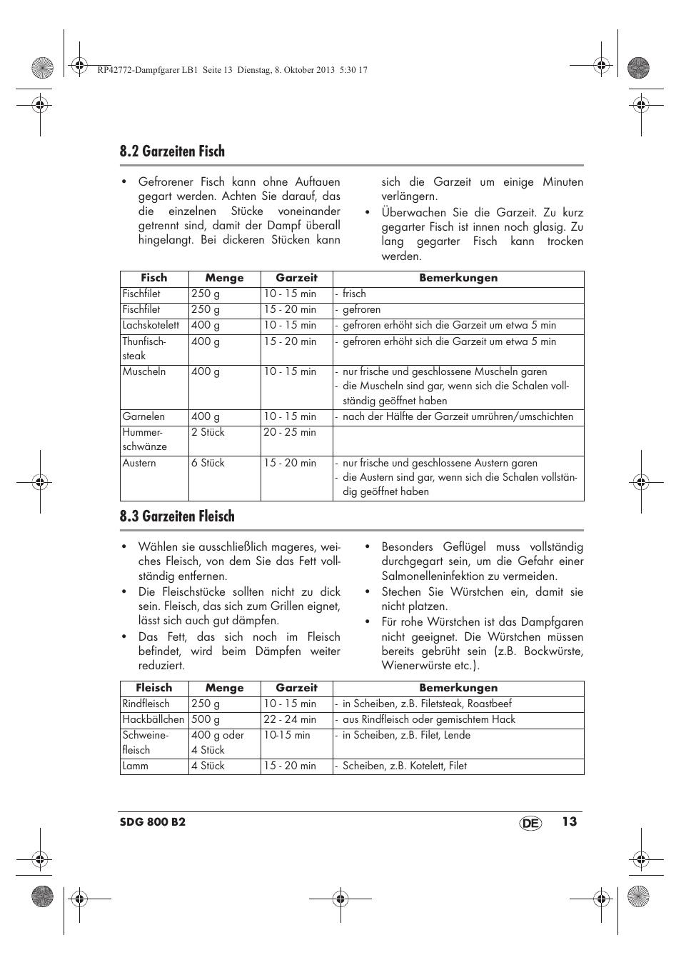 2 garzeiten fisch, 3 garzeiten fleisch | Silvercrest SDG 800 B2 User Manual | Page 15 / 98