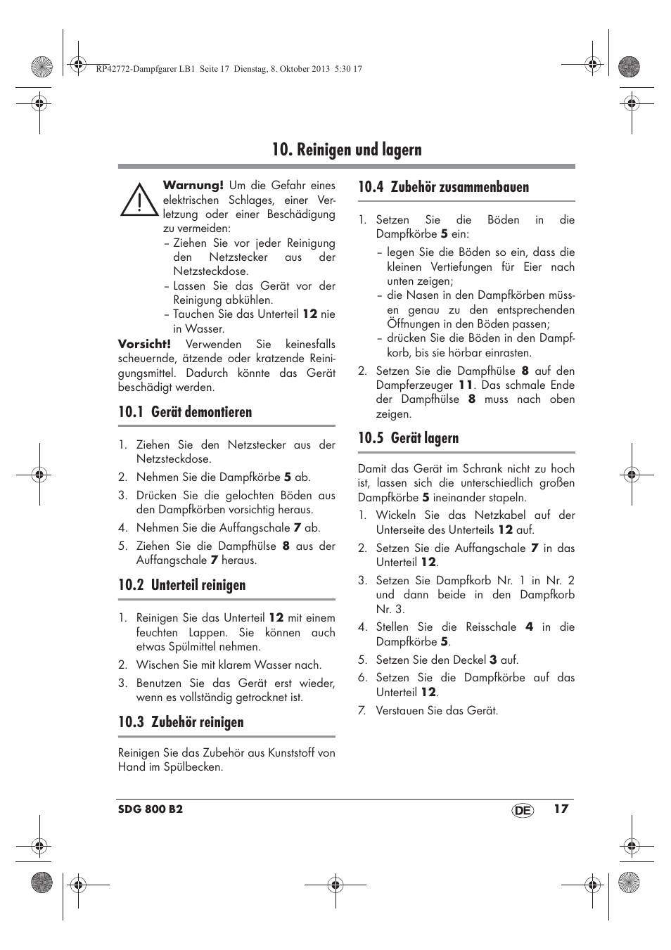 Reinigen und lagern, 1 gerät demontieren, 2 unterteil reinigen | 3 zubehör reinigen, 4 zubehör zusammenbauen, 5 gerät lagern | Silvercrest SDG 800 B2 User Manual | Page 19 / 98