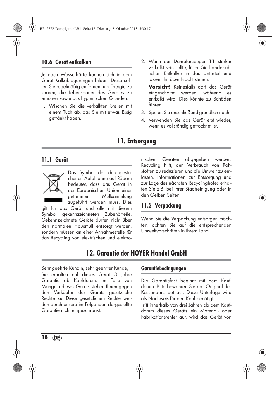 Entsorgung, Garantie der hoyer handel gmbh | Silvercrest SDG 800 B2 User Manual | Page 20 / 98