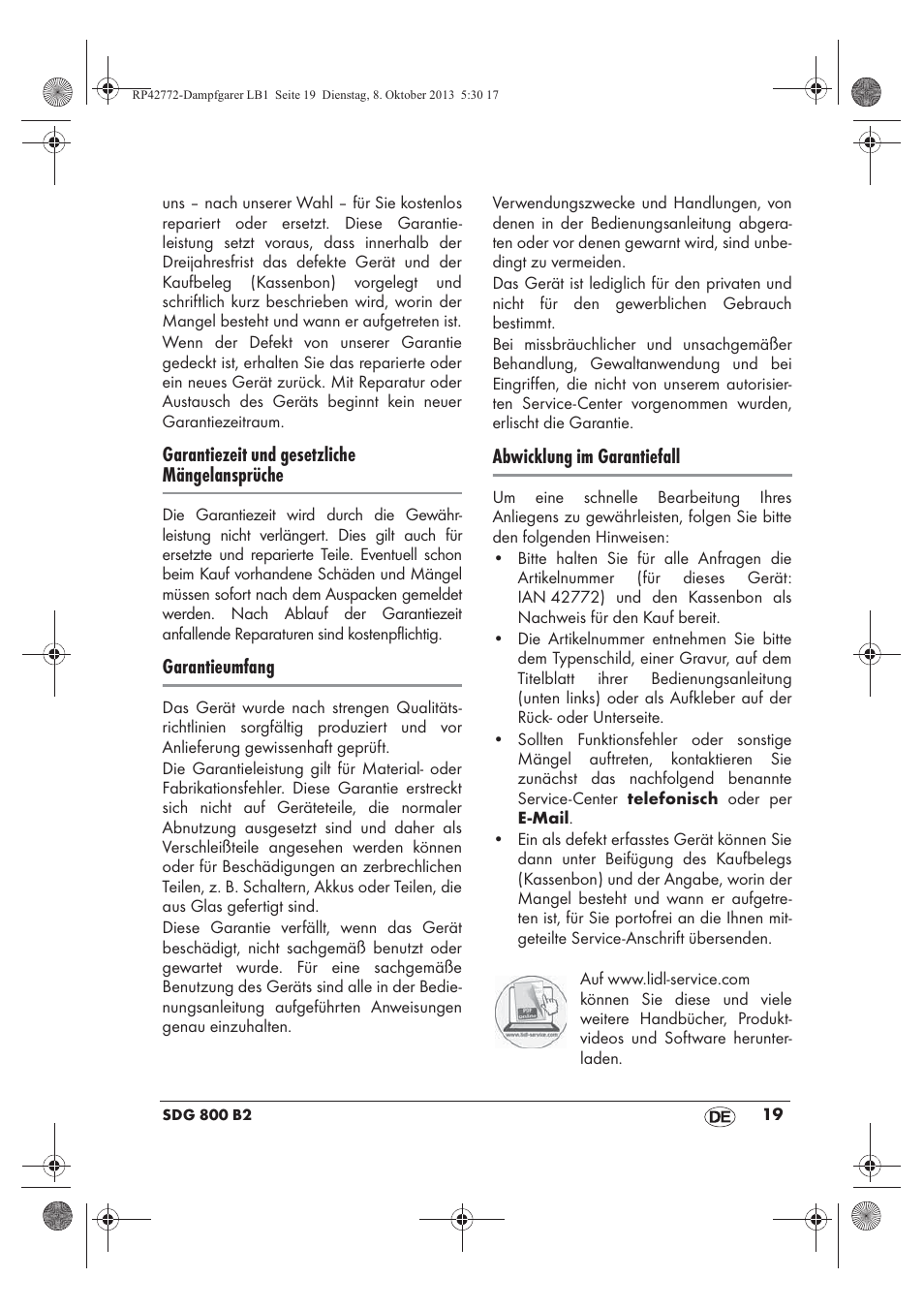 Garantiezeit und gesetzliche mängelansprüche, Garantieumfang, Abwicklung im garantiefall | Silvercrest SDG 800 B2 User Manual | Page 21 / 98