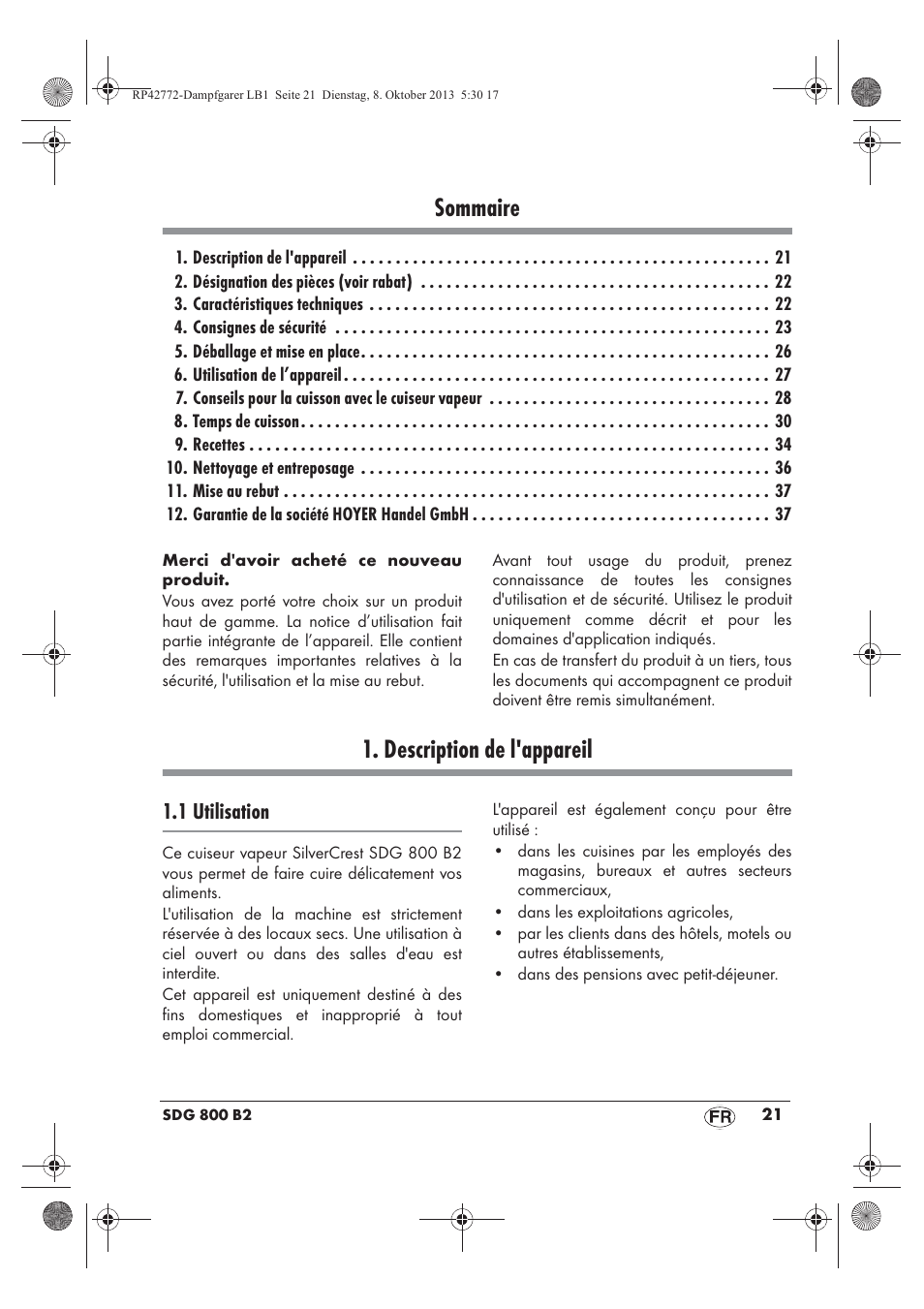 Sommaire, Description de l'appareil, 1 utilisation | Silvercrest SDG 800 B2 User Manual | Page 23 / 98