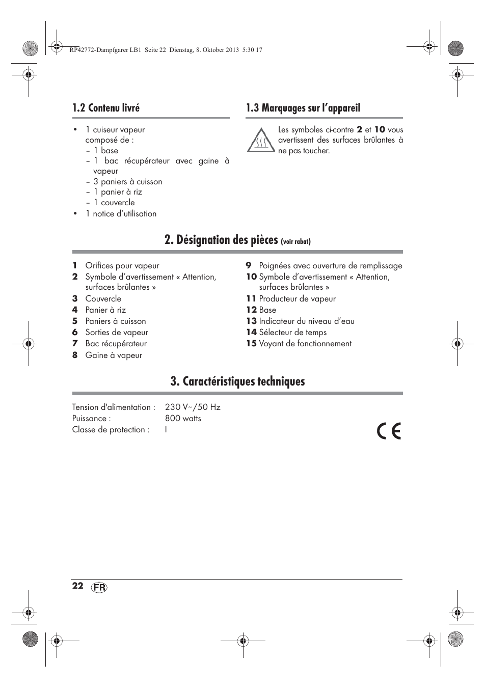 Désignation des pièces, Caractéristiques techniques, 2 contenu livré | 3 marquages sur l’appareil | Silvercrest SDG 800 B2 User Manual | Page 24 / 98