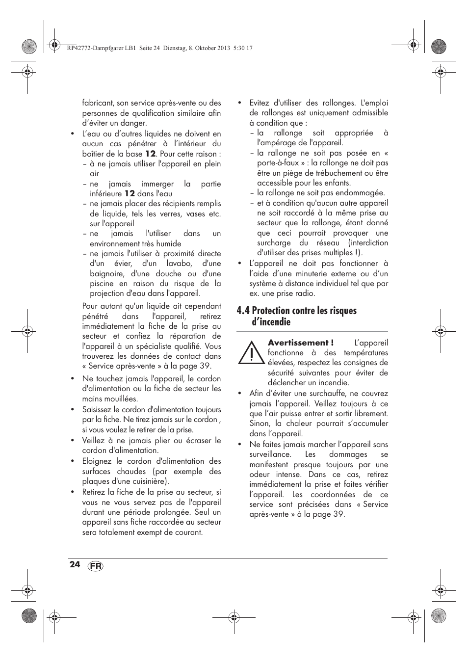 4 protection contre les risques d’incendie | Silvercrest SDG 800 B2 User Manual | Page 26 / 98