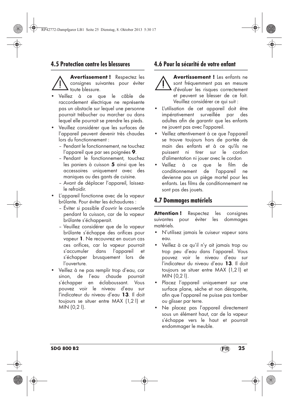 5 protection contre les blessures, 6 pour la sécurité de votre enfant, 7 dommages matériels | Silvercrest SDG 800 B2 User Manual | Page 27 / 98