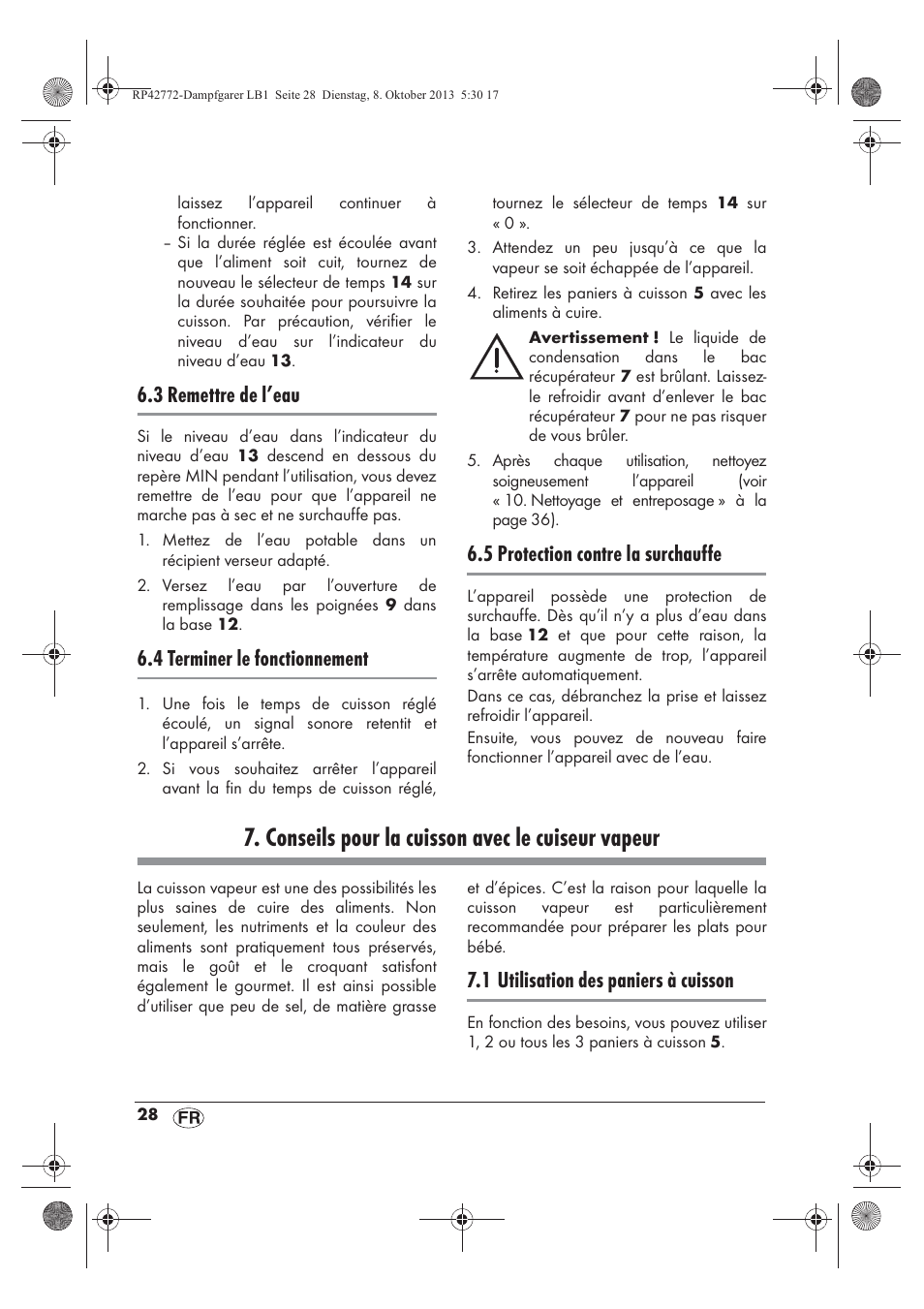 Conseils pour la cuisson avec le cuiseur vapeur, 3 remettre de l’eau, 4 terminer le fonctionnement | 5 protection contre la surchauffe, 1 utilisation des paniers à cuisson | Silvercrest SDG 800 B2 User Manual | Page 30 / 98