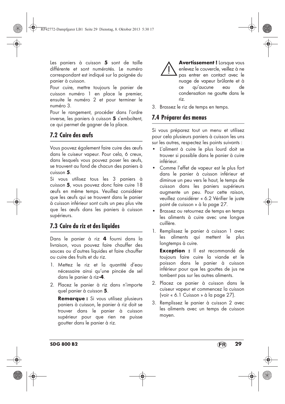 2 cuire des œufs, 3 cuire du riz et des liquides, 4 préparer des menus | Silvercrest SDG 800 B2 User Manual | Page 31 / 98