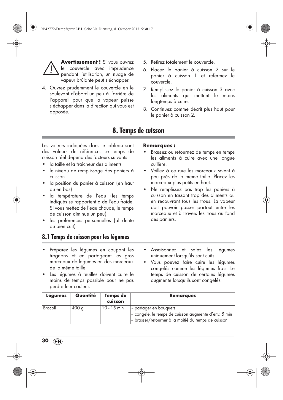 Temps de cuisson, 1 temps de cuisson pour les légumes | Silvercrest SDG 800 B2 User Manual | Page 32 / 98