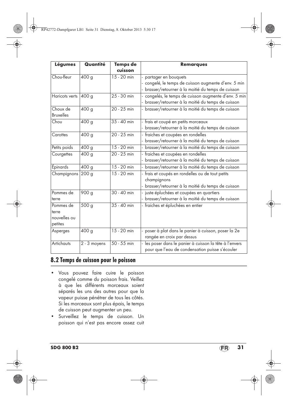 2 temps de cuisson pour le poisson | Silvercrest SDG 800 B2 User Manual | Page 33 / 98