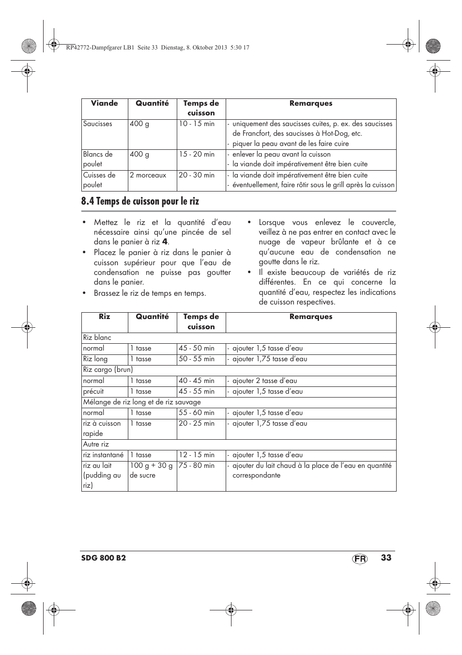 4 temps de cuisson pour le riz | Silvercrest SDG 800 B2 User Manual | Page 35 / 98