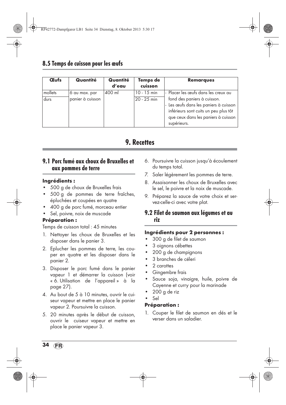 Recettes, 5 temps de cuisson pour les œufs, 2 filet de saumon aux légumes et au riz | Silvercrest SDG 800 B2 User Manual | Page 36 / 98