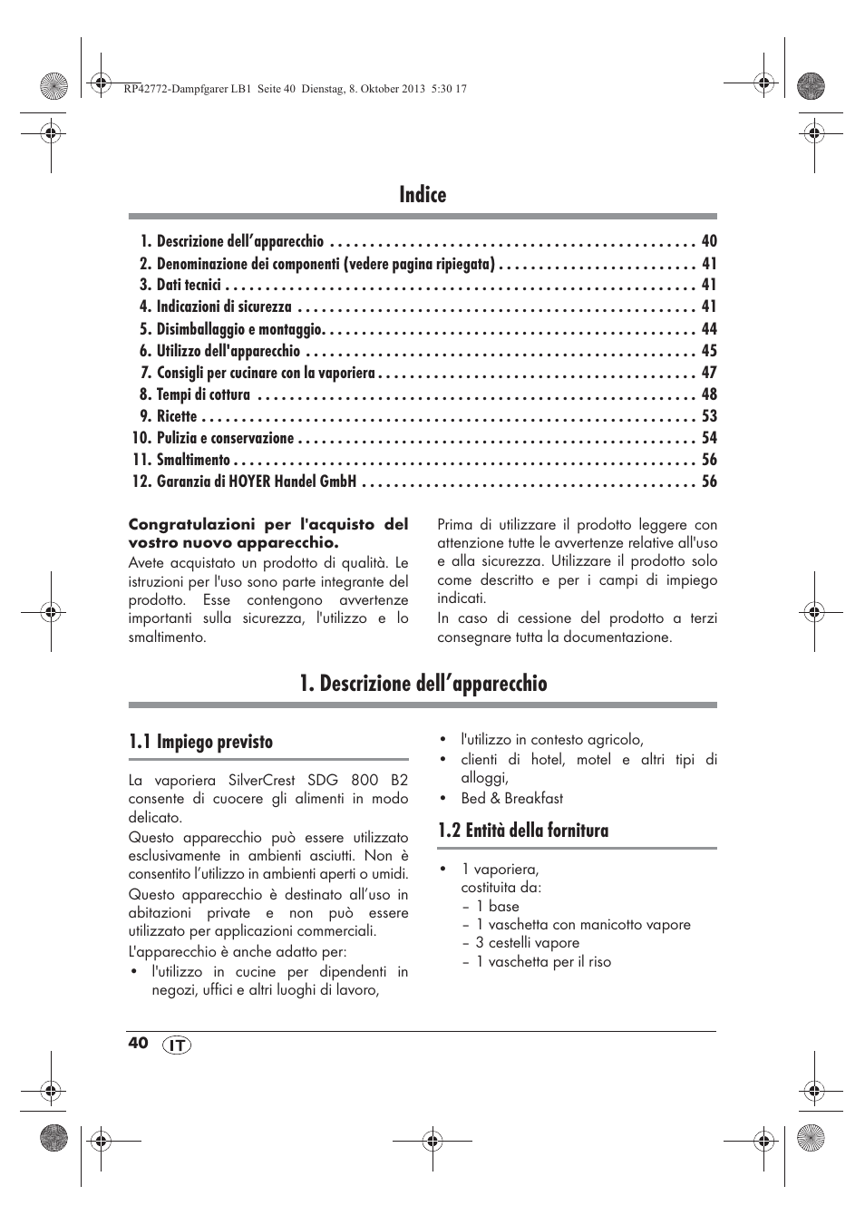 Indice, Descrizione dell’apparecchio | Silvercrest SDG 800 B2 User Manual | Page 42 / 98