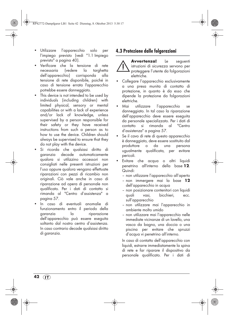 3 protezione dalle folgorazioni | Silvercrest SDG 800 B2 User Manual | Page 44 / 98