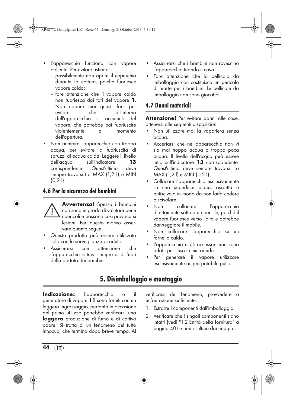 Disimballaggio e montaggio, 6 per la sicurezza dei bambini, 7 danni materiali | Silvercrest SDG 800 B2 User Manual | Page 46 / 98