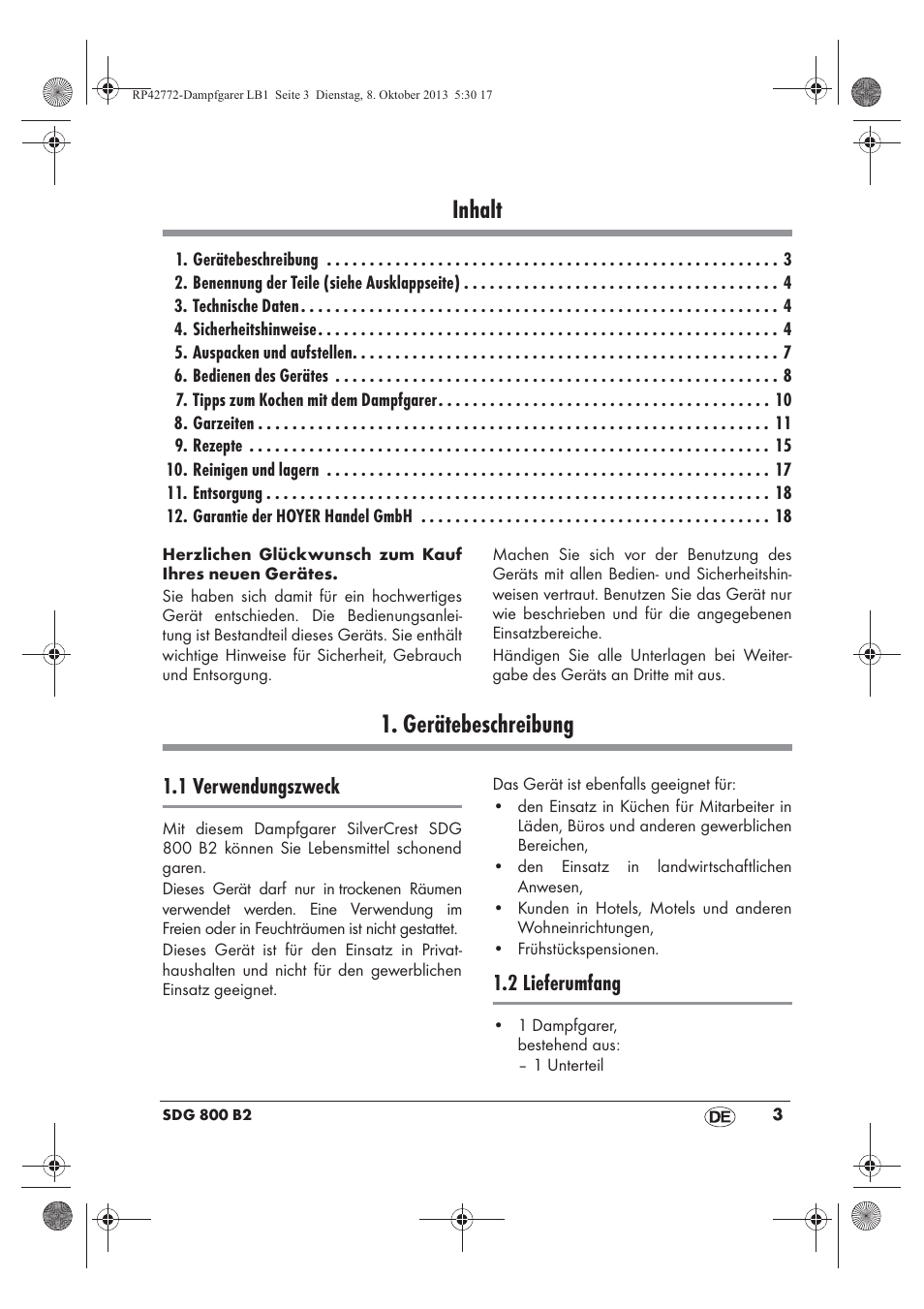 Inhalt, Gerätebeschreibung, 1 verwendungszweck | 2 lieferumfang | Silvercrest SDG 800 B2 User Manual | Page 5 / 98