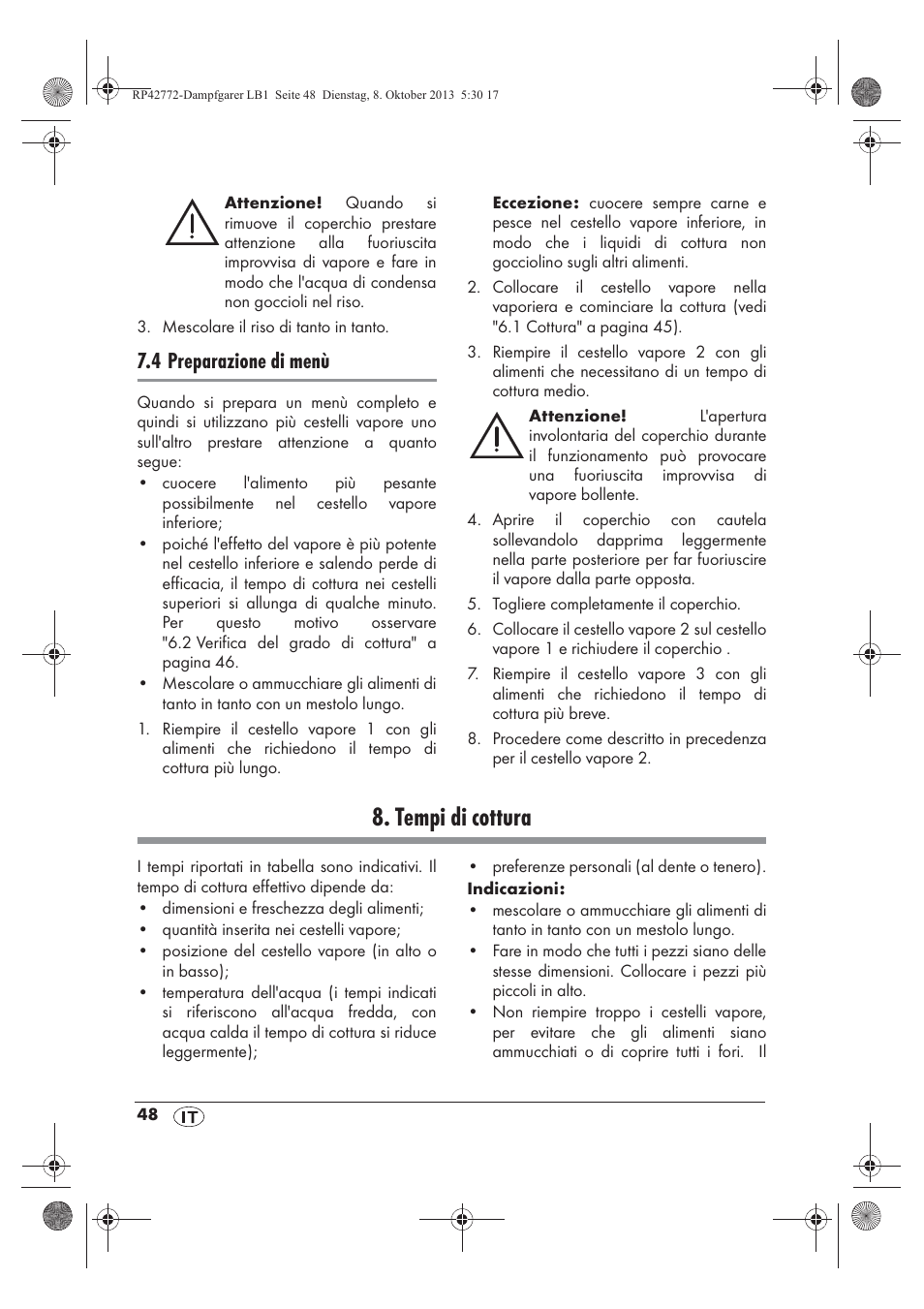 Tempi di cottura, 4 preparazione di menù | Silvercrest SDG 800 B2 User Manual | Page 50 / 98