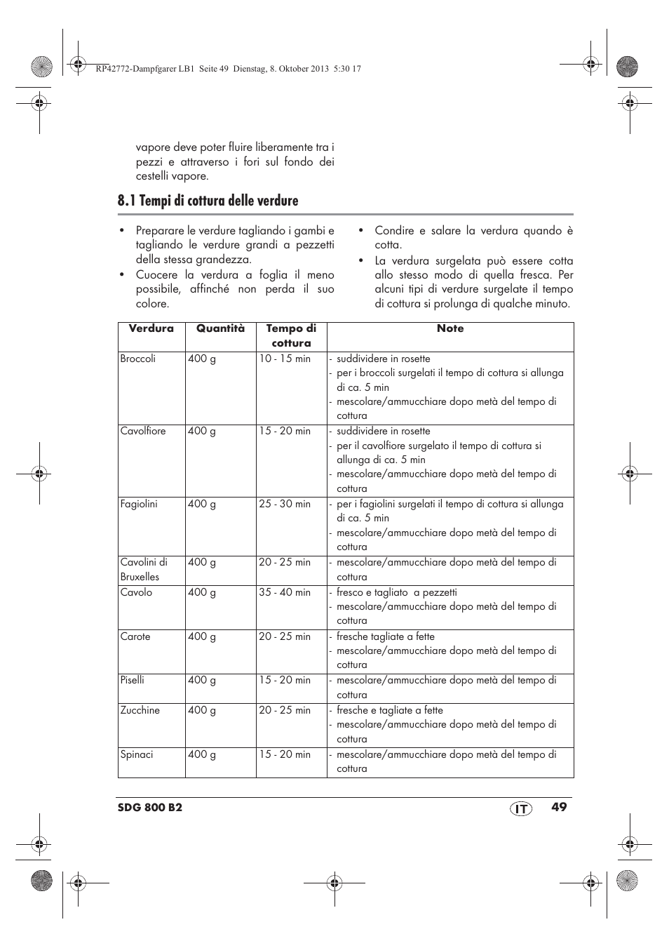 1 tempi di cottura delle verdure | Silvercrest SDG 800 B2 User Manual | Page 51 / 98