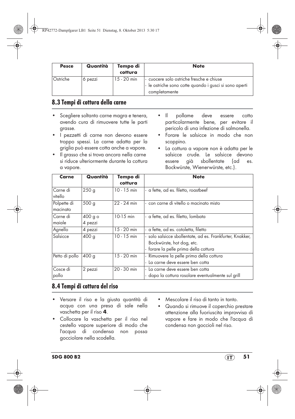 3 tempi di cottura della carne, 4 tempi di cottura del riso | Silvercrest SDG 800 B2 User Manual | Page 53 / 98