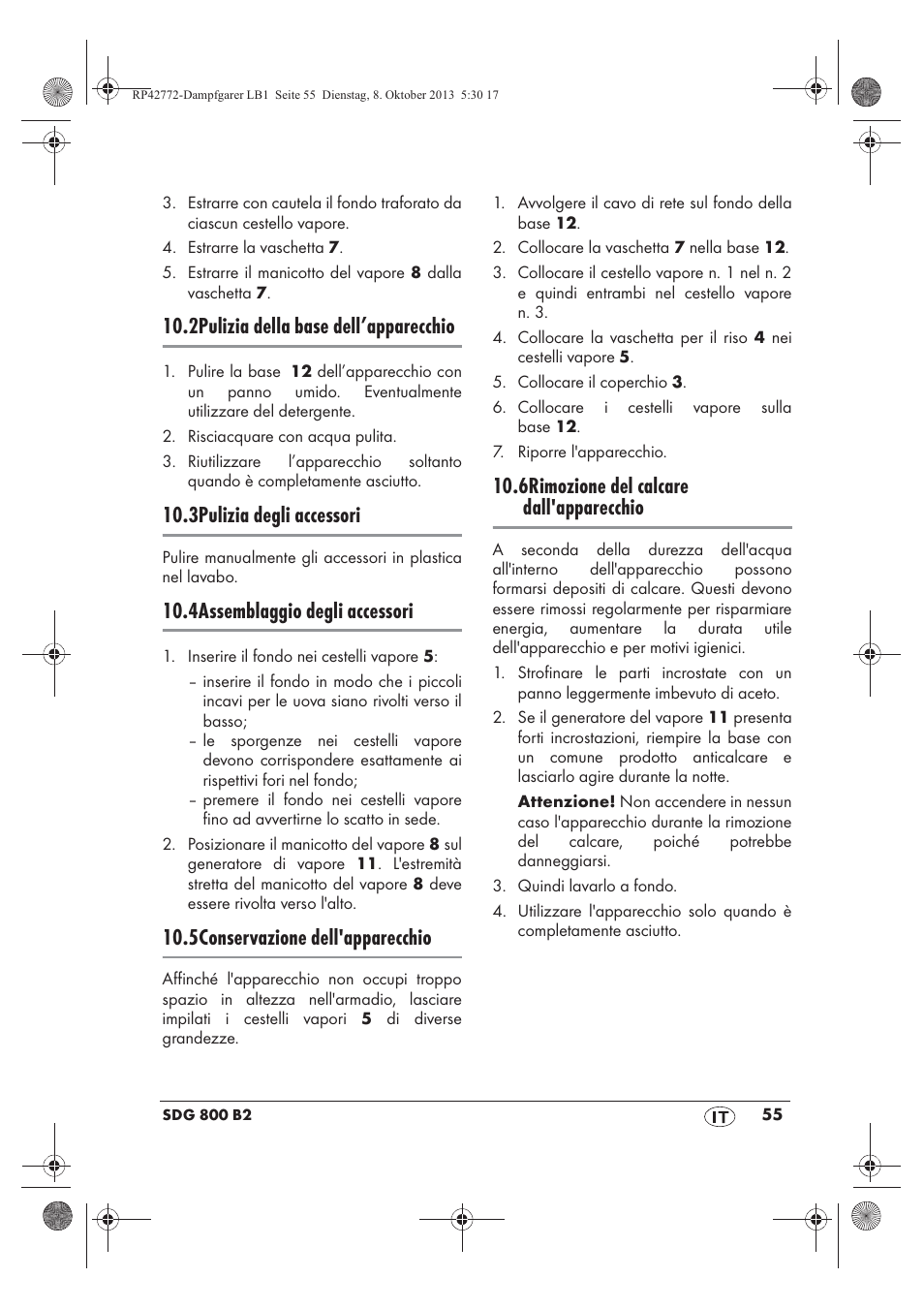 2pulizia della base dell’apparecchio, 3pulizia degli accessori, 4assemblaggio degli accessori | 5conservazione dell'apparecchio, 6rimozione del calcare dall'apparecchio | Silvercrest SDG 800 B2 User Manual | Page 57 / 98