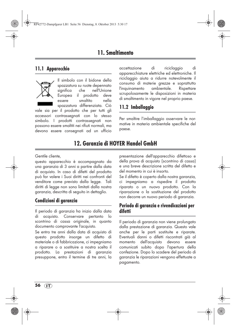 Smaltimento, Garanzia di hoyer handel gmbh | Silvercrest SDG 800 B2 User Manual | Page 58 / 98