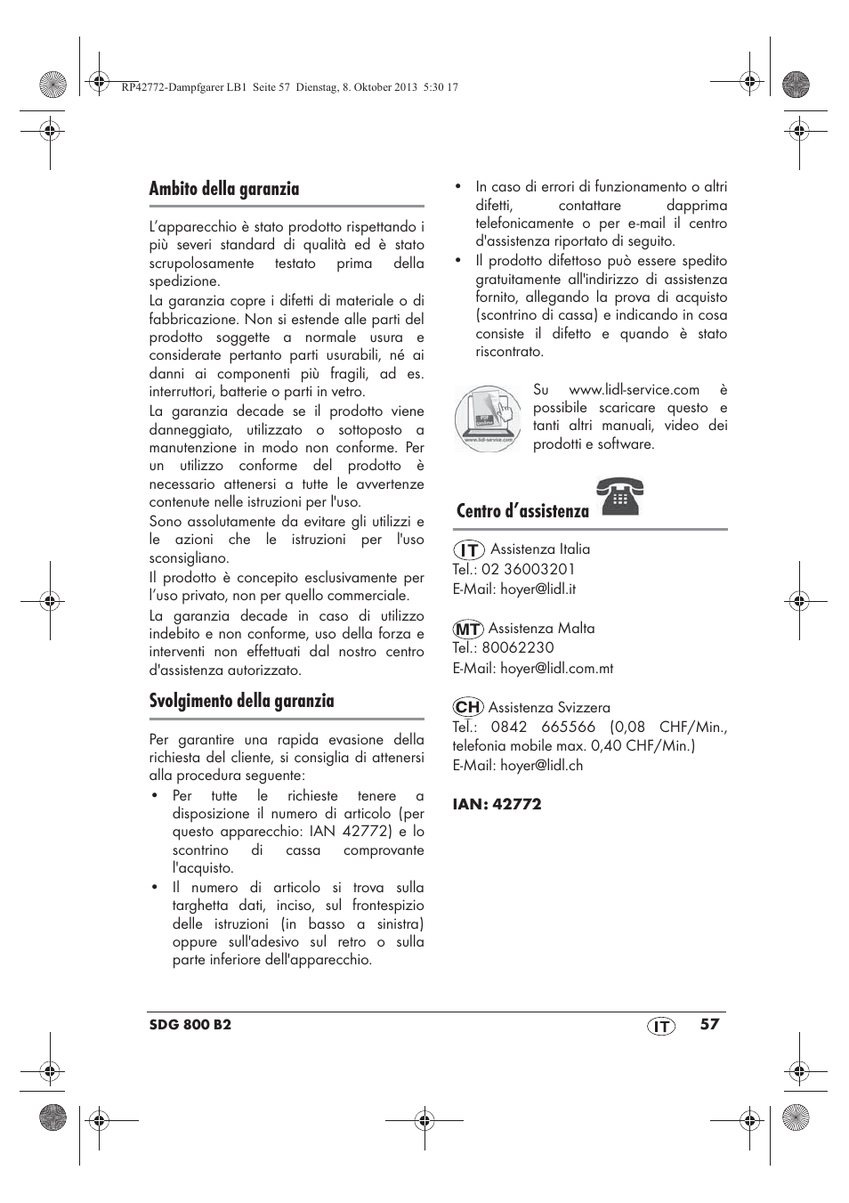 Ambito della garanzia, Svolgimento della garanzia, Centro d’assistenza | Silvercrest SDG 800 B2 User Manual | Page 59 / 98