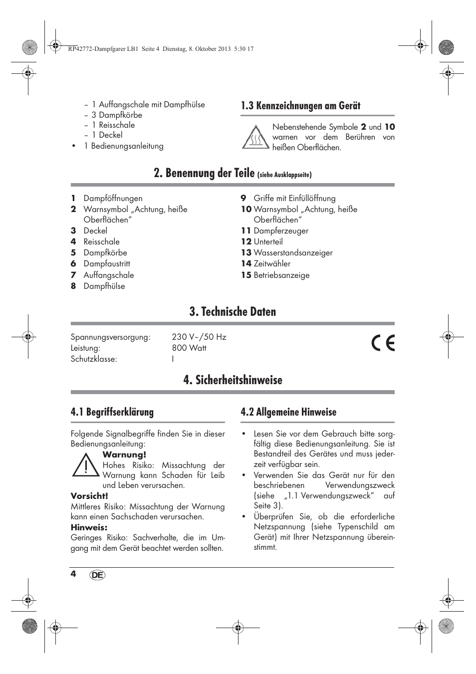 Benennung der teile, Technische daten, Sicherheitshinweise | 3 kennzeichnungen am gerät, 1 begriffserklärung, 2 allgemeine hinweise | Silvercrest SDG 800 B2 User Manual | Page 6 / 98