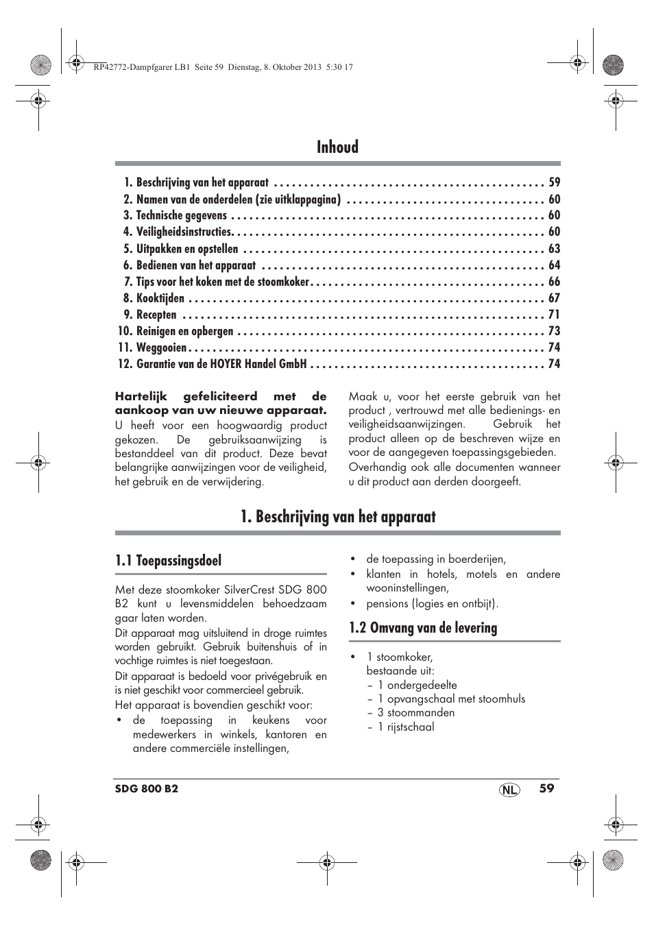 Inhoud, Beschrijving van het apparaat, 1 toepassingsdoel | 2 omvang van de levering | Silvercrest SDG 800 B2 User Manual | Page 61 / 98