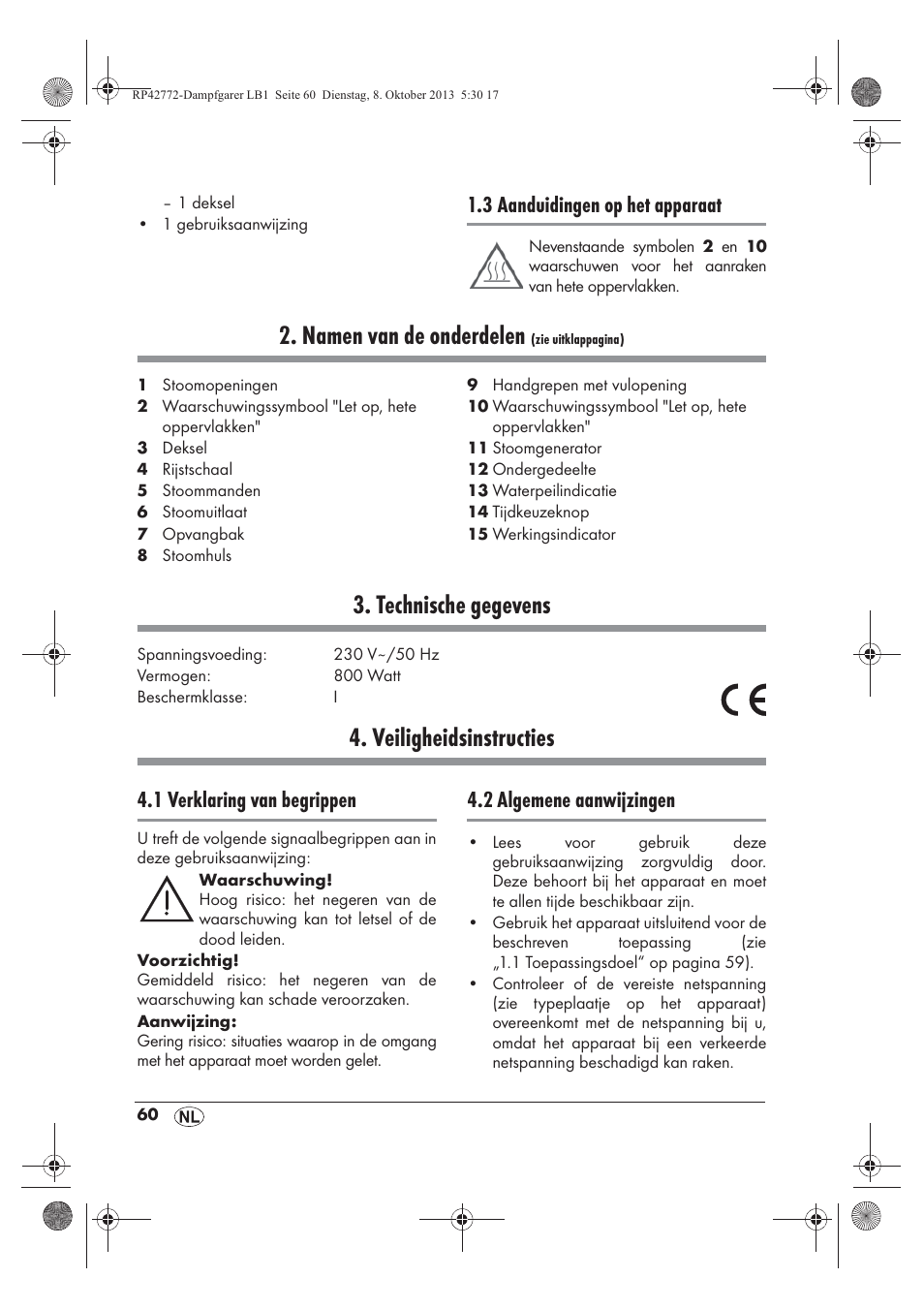 Namen van de onderdelen, Technische gegevens, Veiligheidsinstructies | 3 aanduidingen op het apparaat, 1 verklaring van begrippen, 2 algemene aanwijzingen | Silvercrest SDG 800 B2 User Manual | Page 62 / 98