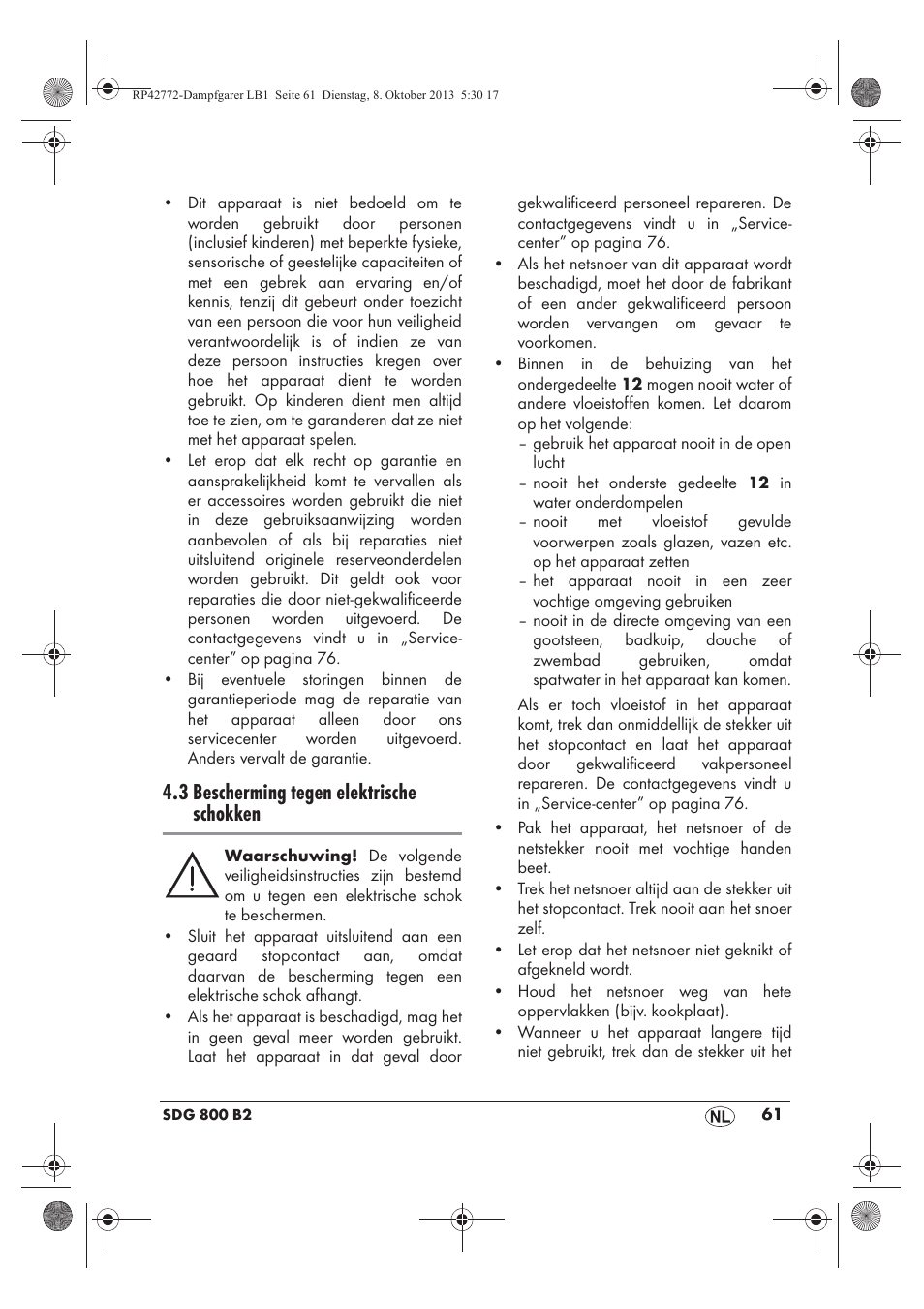 3 bescherming tegen elektrische schokken | Silvercrest SDG 800 B2 User Manual | Page 63 / 98