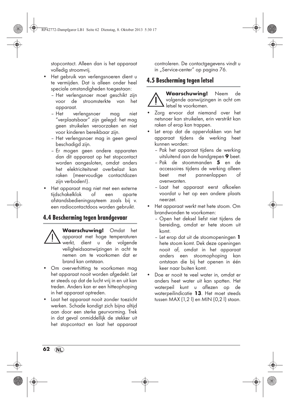 4 bescherming tegen brandgevaar, 5 bescherming tegen letsel | Silvercrest SDG 800 B2 User Manual | Page 64 / 98