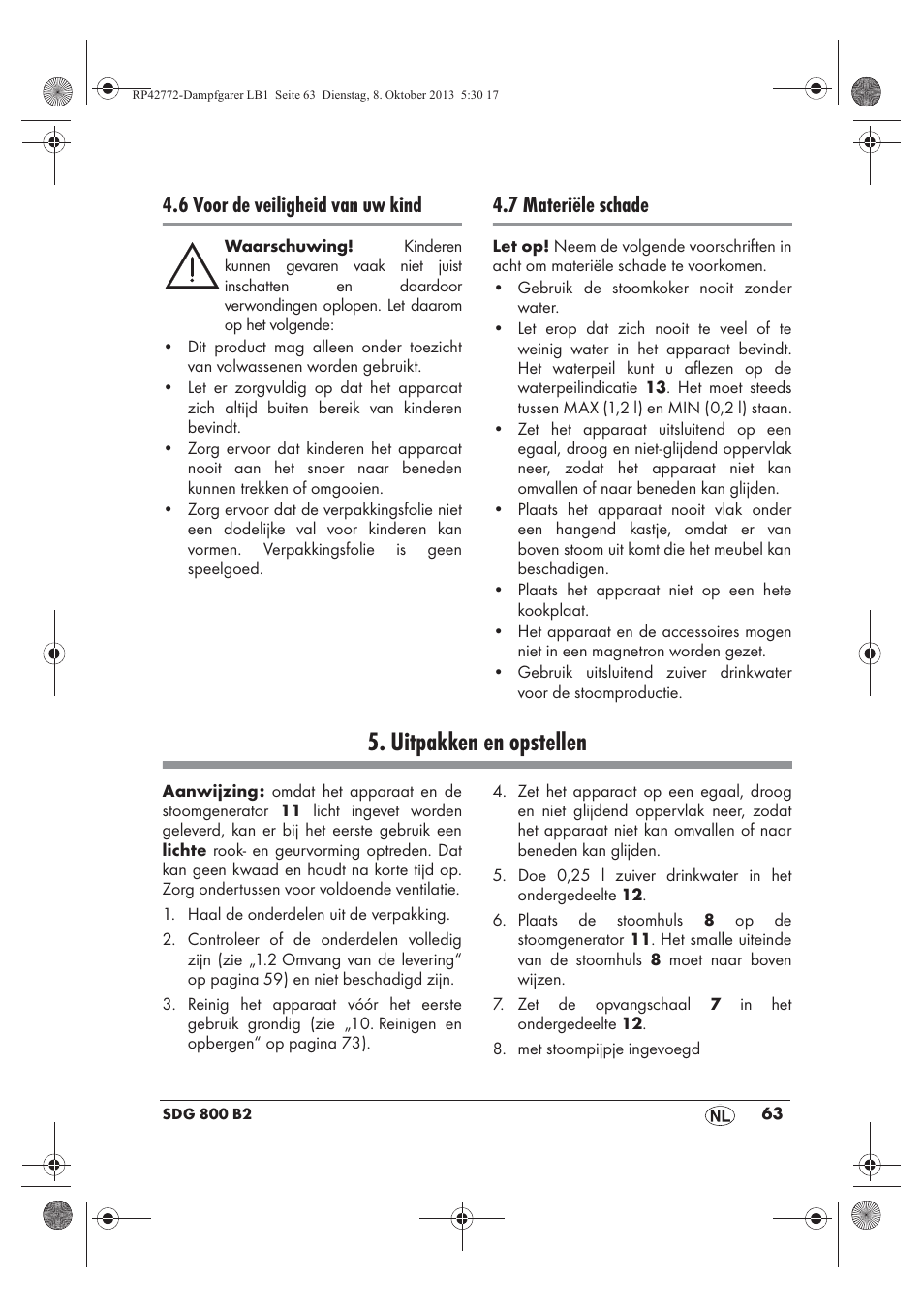 Uitpakken en opstellen, 6 voor de veiligheid van uw kind, 7 materiële schade | Silvercrest SDG 800 B2 User Manual | Page 65 / 98