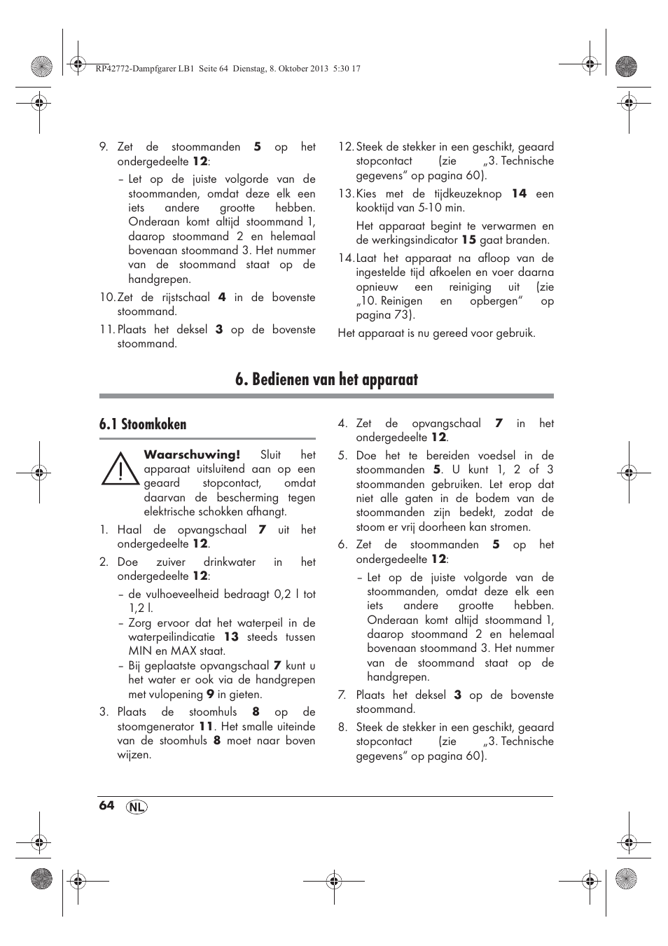 Bedienen van het apparaat, 1 stoomkoken | Silvercrest SDG 800 B2 User Manual | Page 66 / 98