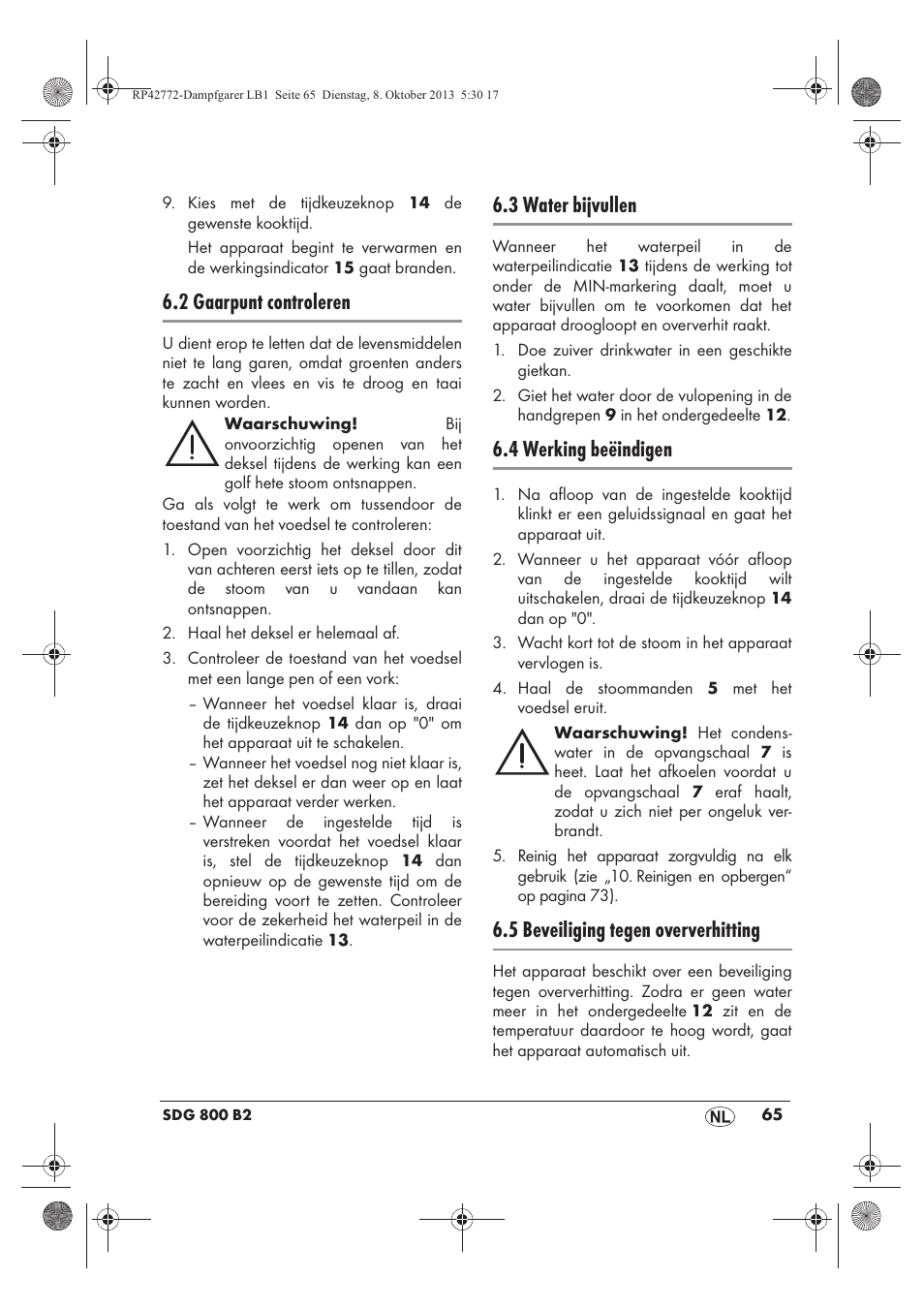 2 gaarpunt controleren, 3 water bijvullen, 4 werking beëindigen | 5 beveiliging tegen oververhitting | Silvercrest SDG 800 B2 User Manual | Page 67 / 98