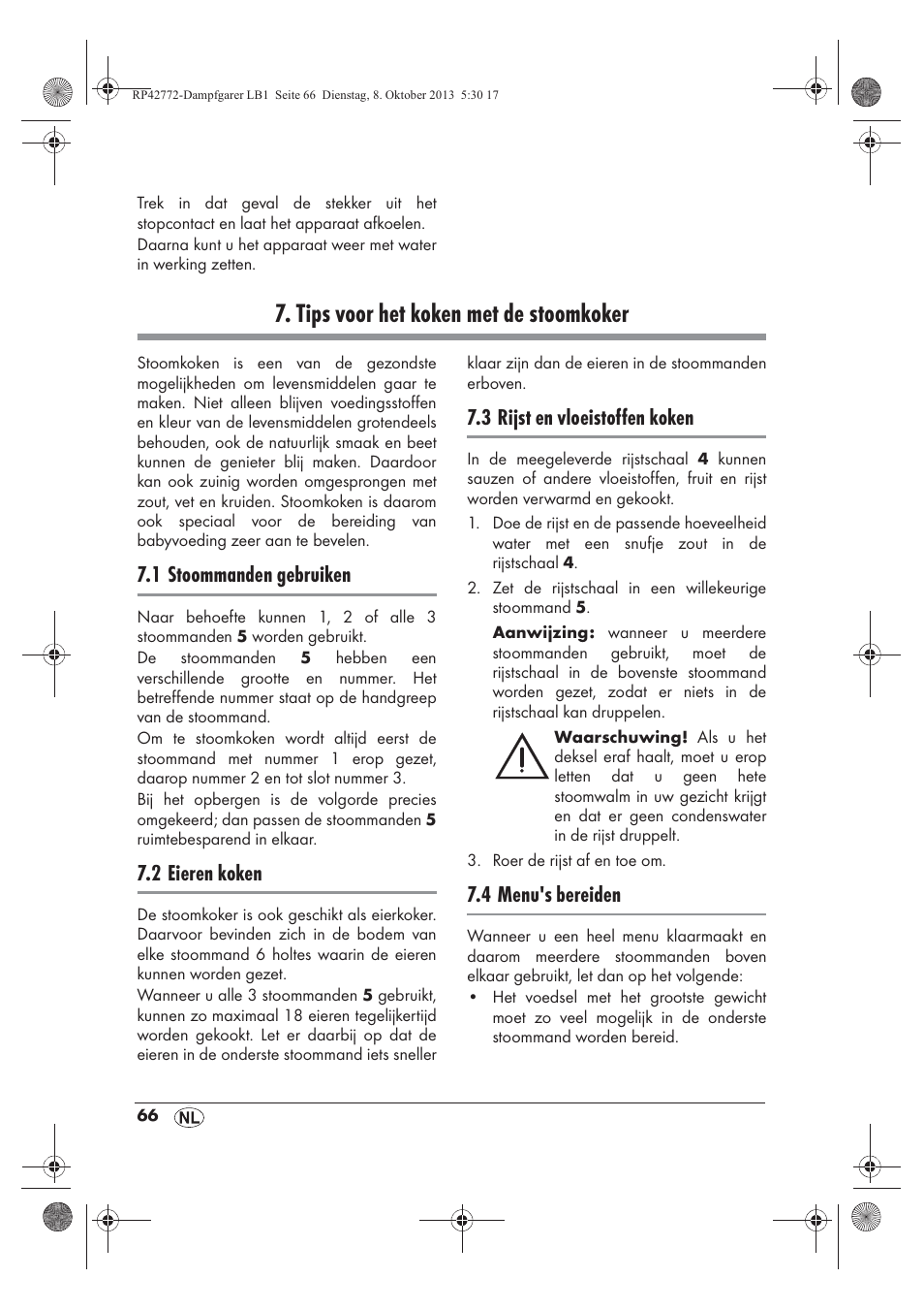 Tips voor het koken met de stoomkoker, 1 stoommanden gebruiken, 2 eieren koken | 3 rijst en vloeistoffen koken, 4 menu's bereiden | Silvercrest SDG 800 B2 User Manual | Page 68 / 98