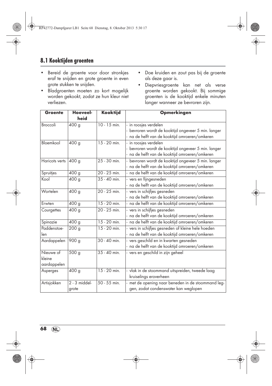 1 kooktijden groenten | Silvercrest SDG 800 B2 User Manual | Page 70 / 98