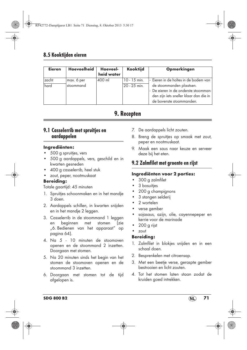 Recepten, 5 kooktijden eieren, 1 casselerrib met spruitjes en aardappelen | 2 zalmfilet met groente en rijst | Silvercrest SDG 800 B2 User Manual | Page 73 / 98