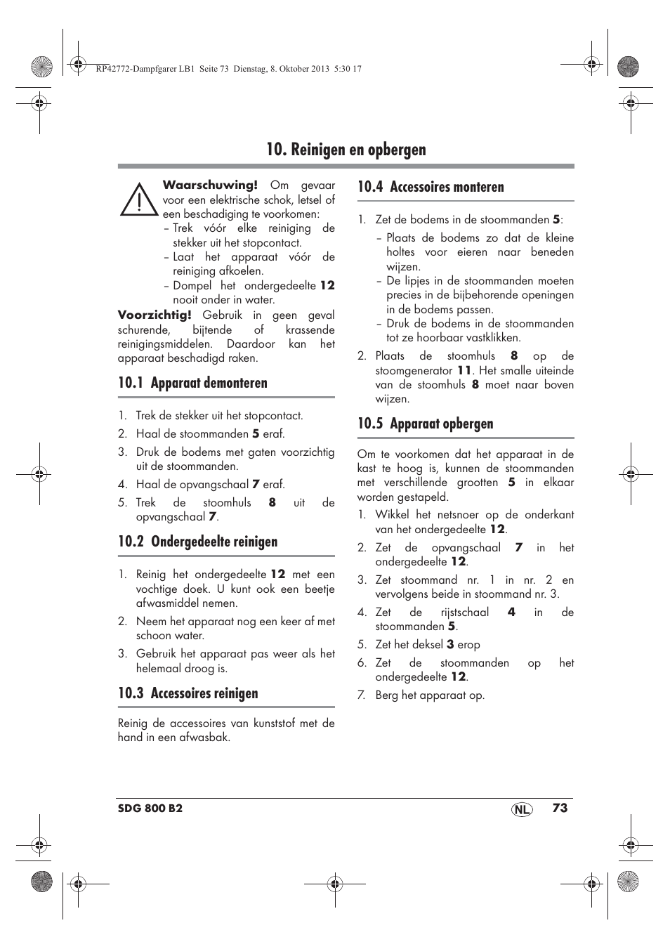 Reinigen en opbergen, 1 apparaat demonteren, 2 ondergedeelte reinigen | 3 accessoires reinigen, 4 accessoires monteren, 5 apparaat opbergen | Silvercrest SDG 800 B2 User Manual | Page 75 / 98